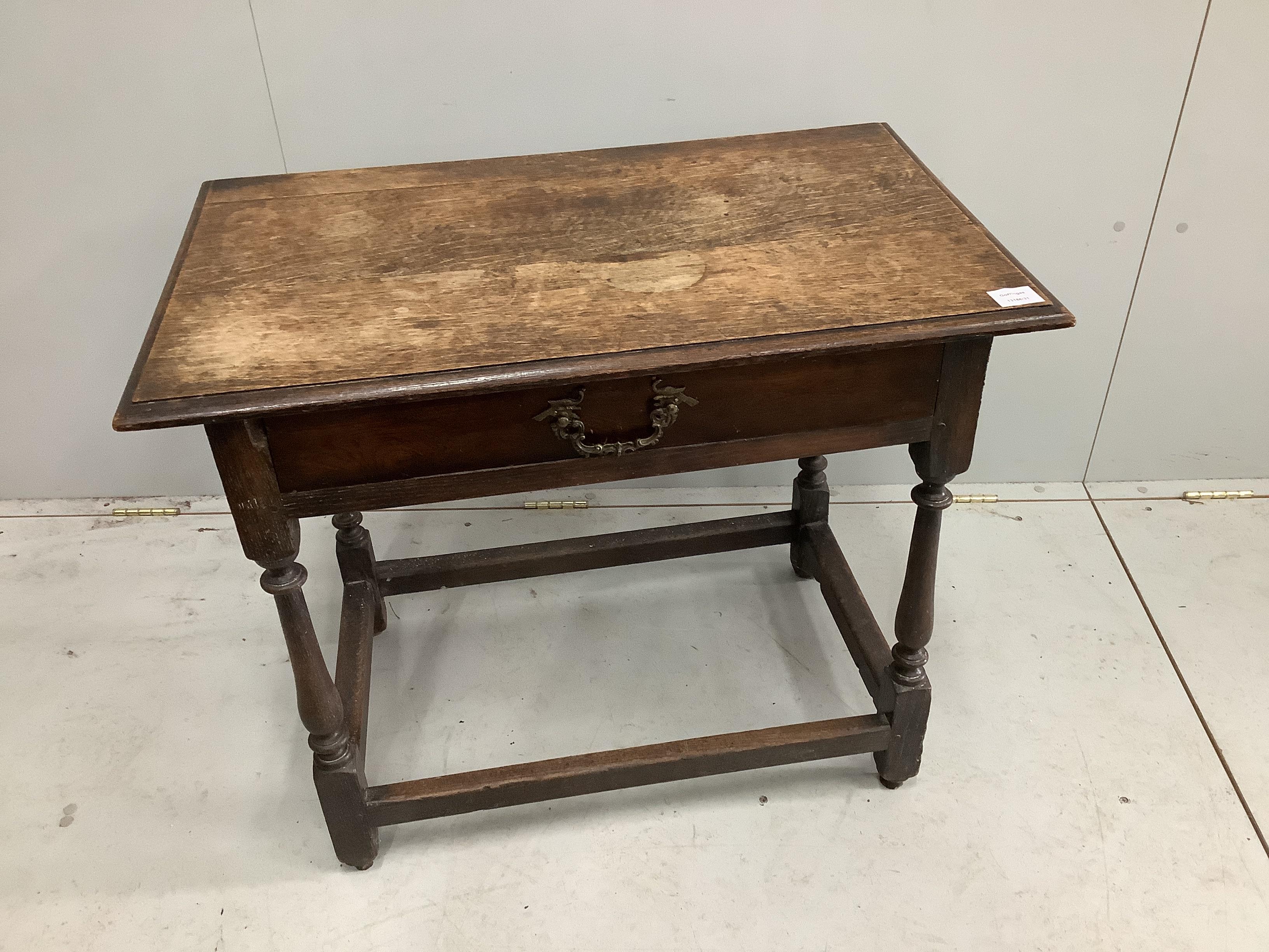 An 18th century oak side table, width 82cm, depth 50cm, height 69cm